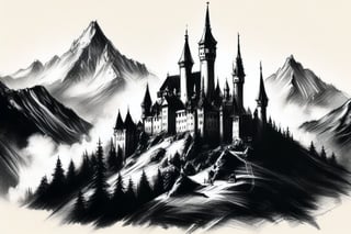 Fine charcoal illustration on old paper, castle, mountains, stratosphere, mystical, Clean line art, Expressive lines, Painting in an expressive sketch style, hatching, Black and white sketch, handpainted, AAch4rc04l