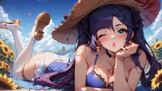 score_9, score_8_up, score_8_up, rating_safe, 4RCH0N, Expressiveh, ear piercings, cliff background, laying on stomach, looking at viewer, blowing kiss, one eye closed, heart blush, shiny skin, mona_(genshin_impact), genshin_impact, 1girl, black_hair, green_eyes, stockings, sundress, straw_hat, sandals, sunflowers, k1ss3s