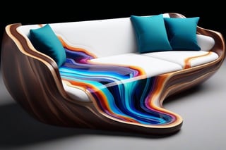 A photorealistic image of a sofa made from epoxy resin and timber, concept fusion piece, vibrant colour resin, fluid dynamic, flowing, exotic timber, detailed background, no humans, still life, reflection, shadow, water effect, AAr3s1nfl0w