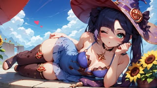 score_9, score_8_up, score_8_up, rating_safe, 4RCH0N, Expressiveh, ear piercings, cliff background, laying on side, looking at viewer, blowing kiss, one eye closed, heart blush, shiny skin, mona_(genshin_impact), genshin_impact, 1girl, black_hair, green_eyes, stockings, sundress, straw_hat, sandals, sunflowers, k1ss3s