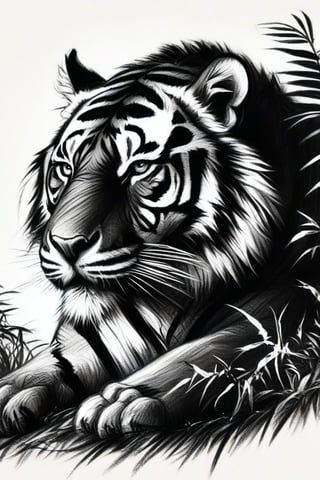 Fine charcoal illustration on papyrus, tiger, jungle, camouflage, predator, Clean line art, Expressive lines, Painting in an expressive sketch style, hatching, Black and white sketch, handpainted, AAch4rc04l