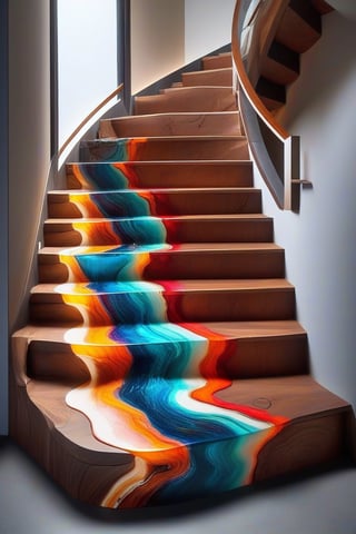 A photorealistic image of a staircase made from epoxy resin and timber, concept fusion piece, vibrant colour resin, fluid dynamic, flowing, exotic timber, detailed background, no humans, still life, reflection, shadow, water effect, AAr3s1nfl0w