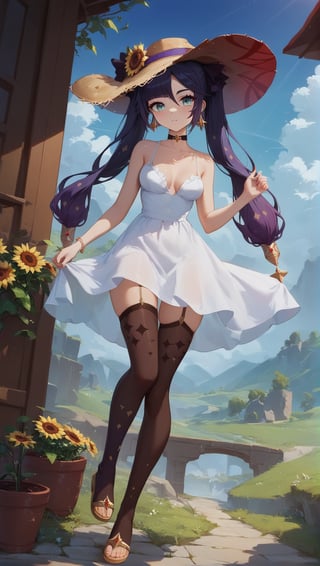 score_9, score_8_up, score_8_up, rating_safe, 4RCH0N, Expressiveh, ear piercings, cliff background, looking at viewer, shiny skin,mona_(genshin_impact), genshin_impact, 1girl, black_hair, green_eyes, stockings, sundress, straw_hat, sandals, sunflowers,concept art