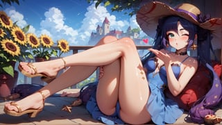 score_9, score_8_up, score_8_up, rating_safe, 4RCH0N, Expressiveh, ear piercings, cliff background, looking at viewer, blowing kiss, one eye closed, heart, blush, shiny skin, legs crossed, mona_(genshin_impact), genshin_impact, 1girl, black_hair, green_eyes, stockings, sundress, straw_hat, sandals, sunflowers, k1ss3s