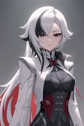 ((best quality)), ((masterpiece)), ((detailed)), female, long_hair, beautiful,  pale, regal, dress, noble lady, slender, large eyes, cute nose, full lips, petite, 1girl, solo, white hair, black hair, multicolored hair, x-shaped pupils, black eyes,