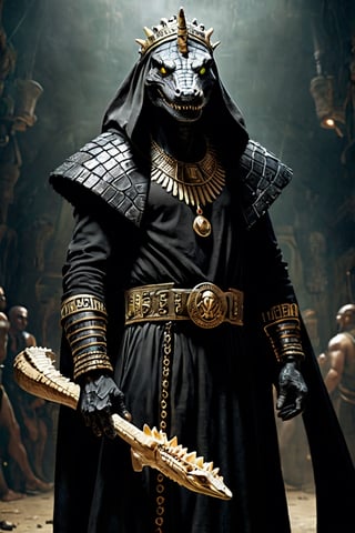 Sebek,(crocodile faced god), crust-core fashion, Egyptian god, a fusion of ancient Egyptian symbolism and the essence of crust-core, his attire symbolizes the rebellious spirit of punk culture,
Dressed in black robes that radiate an unsettling energy, Sebek's fashion represents a rebellion against the norm and a rejection of mainstream ideals. His choice of clothing serves as a statement of individuality and nonconformity, consistent with the anti-establishment ethos of crustcore,LegendDarkFantasy