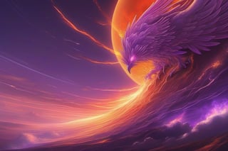 (masterpiece, best quality, extremly detailed), (light, color, orange, red, purple), (fractal), a phoenix rising from the ashes in the sun (fire), (spirit), view from the sky