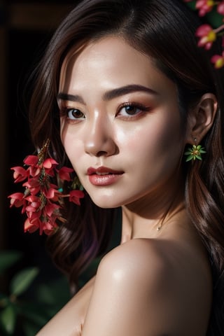 photo cinematic UHD portrait: midle-shot, beatiful joung woman starring  THE ALCHEMIST, ultra detailed eyes, face ultra realistic skin, ultra realistic hair, looking fiercy to viewer,colorful realism , sharp details ,real photo 8 K,  hihgly detailed backgound 3 small red flowers ,nude1.4