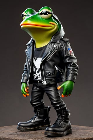 Pepe the frog metalhead with leather jacket and army boots, hyper realistic, 