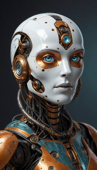 scifi fantasy illustration beautiful robot, in the style of realistic hyper-detailed portraits, dark white and orange, classicist portraiture, dark gold and aquamarine, realist detail, hard edge, technological marvels