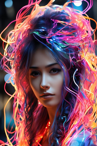 ((Ultra Long Exposure Photography)) high quality, highly detailed, Colorful beautiful woman silhouette made of millions of ultra bright neon strings, beautiful silhouette, by yukisakura, high detailed,