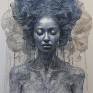 drawing of women with dark face makeup, in the style of ethereal sculptures, reflections, highly detailed figures, muted palette, two dimensional, crumpled, mechanical realism, indigo, lucide dream