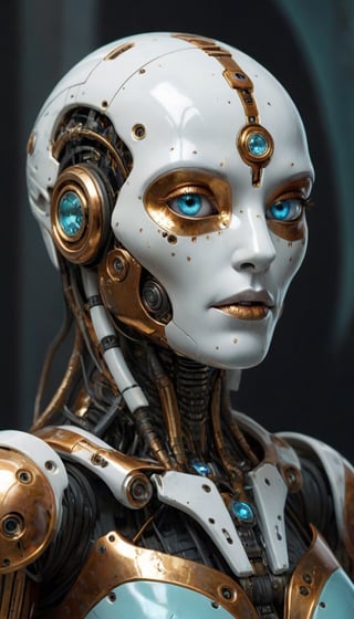 scifi fantasy illustration beautiful robot, in the style of realistic hyper-detailed portraits, dark white and orange, classicist portraiture, dark gold and aquamarine, realist detail, hard edge, technological marvels