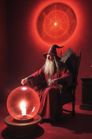 A wizard pondering their orb, slouching back in their chair, bright red light enveloping the room