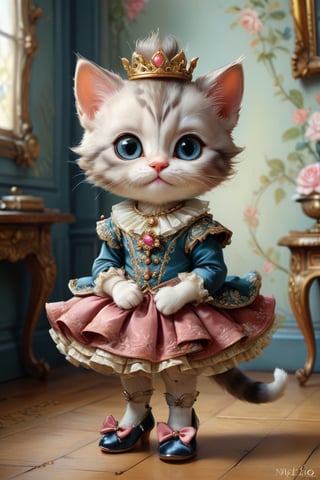 Rich deep colors, hyperrealism, cuteness overload, fairytale, 18th century masterpiece, chibi. Mary Blair, Jean-Baptiste Monge, Mark Ryden, Fragonard.

Portrait adorable kitten wearing glass slippers and fancy outfit. Soft furry paws, detailed expressive eyes, palace interior, ornate, richly decorated.
