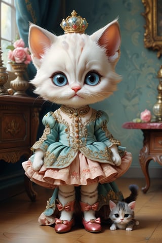 Rich deep colors, hyperrealism, cuteness overload, fairytale, 18th century masterpiece, chibi. Mary Blair, Jean-Baptiste Monge, Mark Ryden, Fragonard.

Portrait adorable kitten wearing glass slippers and fancy outfit. Soft furry paws, detailed expressive eyes, palace interior, ornate, richly decorated.
