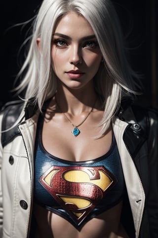 a sensual woman, black crop top with a weathered logo of superman, jackect, long necklace, photorealism, perfect white haired girl, photography, soft portrait shot 8 k, cool tousled hair