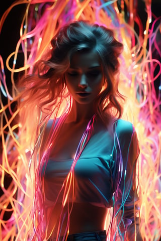 ((Ultra Long Exposure Photography)) high quality, highly detailed, Colorful beautiful woman silhouette made of millions of ultra bright neon strings, beautiful silhouette, by yukisakura, high detailed,