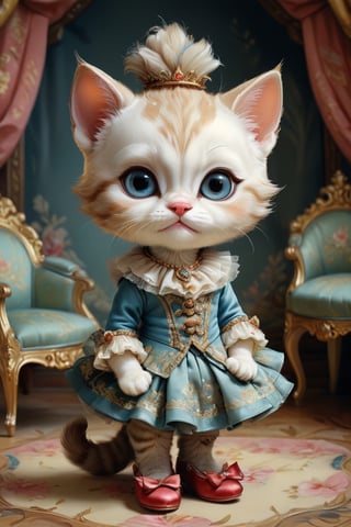 Rich deep colors, hyperrealism, cuteness overload, fairytale, 18th century masterpiece, chibi. Mary Blair, Jean-Baptiste Monge, Mark Ryden, Fragonard.

Portrait adorable kitten wearing glass slippers and fancy outfit. Soft furry paws, detailed expressive eyes, palace interior, ornate, richly decorated.
