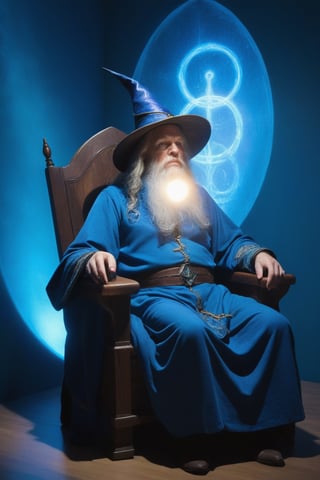 A wizard pondering their orb, slouching back in their chair, bright blue light enveloping the room