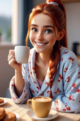 (4k), (masterpiece), (best quality),(extremely intricate), (realistic), (sharp focus), (award winning), (cinematic lighting), (extremely detailed), (epic), 1girl, long hair, ponytail hair, red hair, honey eyes, cute smile, cute eyes, huge smile, happy, flat chest, Wearing pyjamas, morning routine, breakfast, coffee