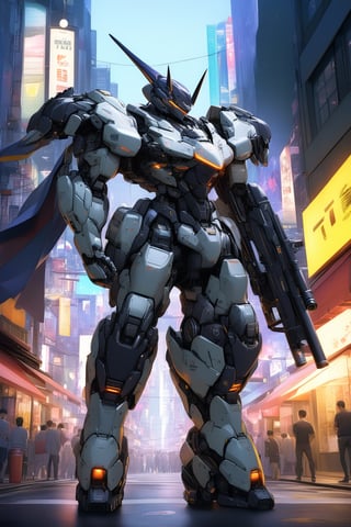 (In the heart of Tokyo's neon-lit streets), (full-mech, jet-pak equipped, machinegun-wielding armor), robot, rough, no humans, science fiction, horns, single horn, cable, neon, looking ahead, standing, glowing,  cape, radio antenna,
,masterpiece, best quality,