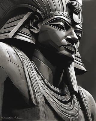 charcoal masterpiece, great egyptian pharaoh, perfect detail, detail as original, imitation of original artist, no color, black and white, play of shades and shadings, shading, pencil strokes, pen and ink, intricate line drawings, by craig mullins, ruan jia, adonna khare, greg rutkowski, loundraw greg rutkowski,