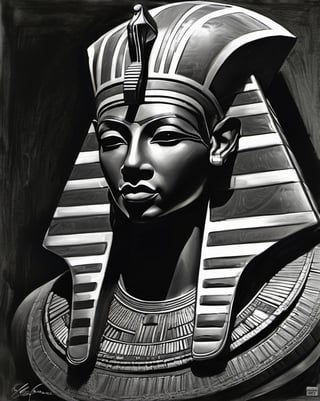 charcoal masterpiece, great egyptian pharaoh, perfect detail, detail as original, imitation of original artist, no color, black and white, play of shades and shadings, shading, pencil strokes, pen and ink, intricate line drawings, by craig mullins, ruan jia, adonna khare, greg rutkowski, loundraw greg rutkowski,