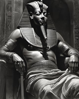 charcoal masterpiece, great egyptian pharaoh, perfect detail, detail as original, imitation of original artist, no color, black and white, play of shades and shadings, shading, pencil strokes, pen and ink, intricate line drawings, by craig mullins, ruan jia, adonna khare, greg rutkowski, loundraw greg rutkowski,