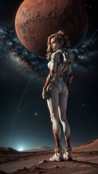 A futuristic rear angle (sci-fi) photo of a (fit woman futuristic astronaut standing on rock overlooking Martian valley on Mars), back towards viewer, not looking at viewer, (wearing skintight white and red sci-fi spacesuit, full body), fit body, (big ass), [wide hips], rusty red Martian terrain, mars dust scattered floating in air, (mountain:0.8), (lens flare:0.7), (cross-processing), (highly detailed), (cinematic lighting:1.1), sharp shadows, intricately detailed, photographed on a Hasselblad 500, 80mm F2.8 lens, with Cinestill 800T film, cinematic contrast, outdoors, ((on Mars)), space exploration, journey, nasa-punk, from behind, sfw epicphoto,SAM YANG