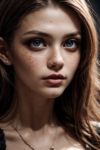 close-up shot, woman, gothic make-up, detailed skin, light freckles, shallow depth of field, OverallDetail