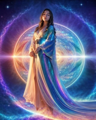 (4K, live shooting, highest quality, Masterpiece: 1.2), (Real, Photoreal: 1.37), Celestial maiden flying in the sky, flying sky, Celestial maiden's robe, Japanese kimono, holographic celestial robe, ample breasts , fantastic light, hyperdimensionality, fractals, cymatics, 650Hz, 6500Hz, 6500GHz, string theory, 10 dimensions, quantum vibrations, waves and particles of light, 18 years old, 1 female,high_school_girl,EpicArt