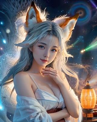 (4K, live shooting, highest quality, Masterpiece: 1.2), (Real, Photoreal: 1.37), Nine-tailed fox, white silver fur, fox body, beautiful human face, nine tails, shrine maiden's robe , rich chest, fantastic light, hologram, hyperdimensional, fractal, cymatics, 650Hz, 999Hz, 6500GHz, string theory, 11 dimensions, quantum vibration, light waves and particles, real, highest resolution, 18 years old , 1 woman,chinatsumura