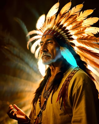 (4K, Live Shooting, Best Quality, Masterpiece: 1.2), (Real, Photoreal: 1.37), Native American Shaman, Medicine Man, Fantastic Light in the Dark, Meditation, Hyperdimensional, Feather, Tanned Face, Old Man, Top Quality, 650Hz, 6500GHz, String Theory, 10 Dimensions, Quantum Vibration, Light Waves and Particles