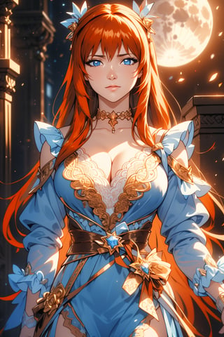 Masterpiece, HD, 8K, high resolution, blue eyes, red-orange hair, elegant, blue glow, defiant and well-detailed look, majestic, cowboy_shot, fullmoon, see viewer,1 girl, Kyoko Sano, 1girl, choker, long red-orange hair, blue eyes, white-blue dress, long sleeves, ,kyokosano