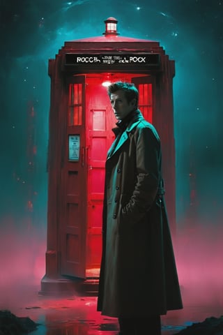 Profile image of Doctor who in brown trench coat standing in front of the tardis which is in front of a huge red robot which is in front of the earth. Minimalist, hazy, blue and pink, low contrast, cinematic, muted tones


