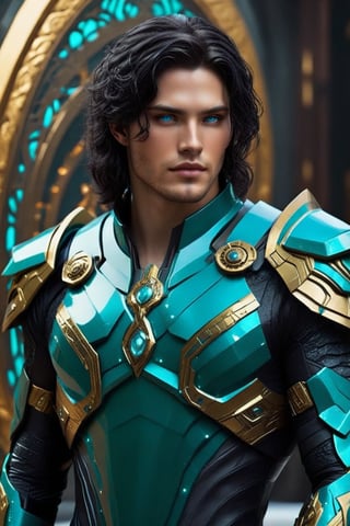 Sci-Fi. Sorrowsworn Morro is a human being, a handsome man of 25 years old, ((caucasian)), long black hair, wavy haircut, blue eyes. athletic build.  ((blue_Turquoise armor)). He wears a futuristic and highly cybernetic black armor. cyan ornaments, golden lines, ocean iconography. Inspired by the art of Destiny 2 and the style of Guardians of the Galaxy.,perfecteyes