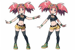 multiple views, Model sheet, masterpiece, best quality, looking at viewer, sugimori ken \(style\), {big milkers} (full body), 1girl, {{{Zoe Drake,1girl, blush, bangs, navel, twintails, jewelry, purple eyes, pink hair, goggles, goggles on head,choker, midriff, open clothes, thighhighs, crop top, open vest, shorts, shoes, belt, wristband,black thighhighs, black crop top, yellow vest, yellow shorts, green shoes, vest over crop top,  }}}, semi-nude, mom and daughter, 1girl, {White background} <<big milkers>> SMAce, masterpiece, best quality, masterpiece, perfect hands, tight pants, thick thighs {{illustration}}, {best quality}, {{hi res}},mallow \(pokemon\)