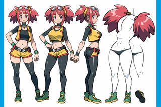 multiple views, Model sheet, masterpiece, best quality, looking at viewer, sugimori ken \(style\), {big milkers} (full body), 1girl, {{{Zoe Drake,1girl, blush, bangs, navel, twintails, jewelry, purple eyes, pink hair, goggles, goggles on head,choker, midriff, open clothes, thighhighs, crop top, open vest, shorts, shoes, belt, wristband,black thighhighs, black crop top, yellow vest, yellow shorts, green shoes, vest over crop top,  }}}, semi-nude, mom and daughter, 1girl, {White background} <<big milkers>> SMAce, masterpiece, best quality, masterpiece, perfect hands, tight pants, thick thighs {{illustration}}, {best quality}, {{hi res}},mallow \(pokemon\)