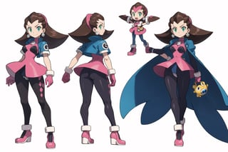 multiple views, Model sheet, masterpiece, best quality, looking at viewer, sugimori ken \(style\), {big milkers} (full body), 1girl,  {{{ tron_bonne_megamanl, 1 girl, solo, green eyes, brown hair, gloves, earrings, headband, jewelry, short jacket, pantyhose, pink gloves, hair up,Tron Bonne MegaMan Legends }}}, semi-nude, mom and daughter, 1girl, {White background} <<big milkers>> SMAce, masterpiece, best quality, , masterpiece, {{illustration}}, {best quality}, {{hi res}},Carina,iris_megamanx,tron_bonne_megamanl