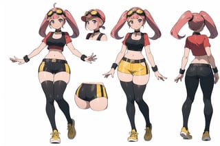 multiple views, Model sheet, masterpiece, best quality, looking at viewer, sugimori ken \(style\), {big milkers} (full body), 1girl, {{{Zoe Drake,1girl, blush, bangs, navel, twintails, jewelry, purple eyes, pink hair, goggles, goggles on head,choker, midriff, open clothes, thighhighs, crop top, open vest, shorts, shoes, belt, wristband,black thighhighs, black crop top, yellow vest, yellow shorts, green shoes, vest over crop top,  }}}, semi-nude, mom and daughter, 1girl, {White background} <<big milkers>> SMAce, masterpiece, best quality, masterpiece, perfect hands, tight pants, thick thighs {{illustration}}, {best quality}, {{hi res}},mallow \(pokemon\)