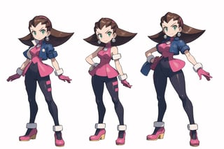 multiple views, Model sheet, masterpiece, best quality, looking at viewer, sugimori ken \(style\), {big milkers} (full body), 1girl,  {{{ tron_bonne_megamanl, 1 girl, solo, green eyes, brown hair, gloves, earrings, headband, jewelry, short jacket, pantyhose, pink gloves, hair up,Tron Bonne MegaMan Legends }}}, semi-nude, mom and daughter, 1girl, {White background} <<big milkers>> SMAce, masterpiece, best quality, , masterpiece, {{illustration}}, {best quality}, {{hi res}},Carina,iris_megamanx,tron_bonne_megamanl