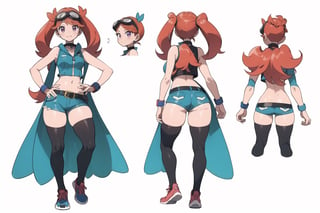 multiple views, Model sheet, masterpiece, best quality, looking at viewer, sugimori ken \(style\), {big milkers} (full body), 1girl, {{{Zoe Drake,1girl, blush, bangs, navel, twintails, jewelry, purple eyes, pink hair, goggles, goggles on head,choker, midriff, open clothes, thighhighs, crop top, open vest, shorts, shoes, belt, wristband,black thighhighs, black crop top, yellow vest, yellow shorts, green shoes, vest over crop top,  }}}, semi-nude, mom and daughter, 1girl, {White background} <<big milkers>> SMAce, masterpiece, best quality, masterpiece, perfect hands, tight pants, thick thighs {{illustration}}, {best quality}, {{hi res}},mallow \(pokemon\)