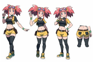 multiple views, Model sheet, masterpiece, best quality, looking at viewer, sugimori ken \(style\), {big milkers} (full body), 1girl, {{{Zoe Drake,1girl, blush, bangs, navel, twintails, jewelry, purple eyes, pink hair, goggles, goggles on head,choker, midriff, open clothes, thighhighs, crop top, open vest, shorts, shoes, belt, wristband,black thighhighs, black crop top, yellow vest, yellow shorts, green shoes, vest over crop top,  }}}, semi-nude, mom and daughter, 1girl, {White background} <<big milkers>> SMAce, masterpiece, best quality, masterpiece, perfect hands, tight pants, thick thighs {{illustration}}, {best quality}, {{hi res}},mallow \(pokemon\)