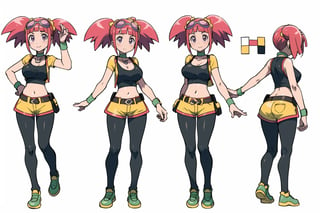 multiple views, Model sheet, masterpiece, best quality, looking at viewer, sugimori ken \(style\), {big milkers} (full body), 1girl, {{{Zoe Drake,1girl, blush, bangs, navel, twintails, jewelry, purple eyes, pink hair, goggles, goggles on head,choker, midriff, open clothes, thighhighs, crop top, open vest, shorts, shoes, belt, wristband,black thighhighs, black crop top, yellow vest, yellow shorts, green shoes, vest over crop top,  }}}, semi-nude, mom and daughter, 1girl, {White background} <<big milkers>> SMAce, masterpiece, best quality, masterpiece, perfect hands, tight pants, thick thighs {{illustration}}, {best quality}, {{hi res}},mallow \(pokemon\)