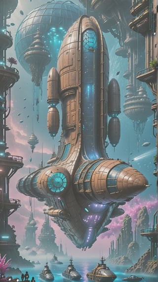 The Nautilus frigate spacecraft, Cyberpunk,  Style, underwater, game, the underwater city base is visible through a blue haze