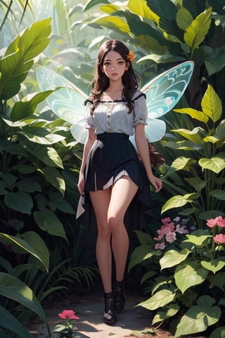 Full body realistic photo of beautiful fairy, looking at a tiny flying dragon, in the jungle, very detail face, detailed hazel eyes, (innocent eyes), beautiful girl, intricate hyperdetailed gouarch liquid painting illustration, professional photography, short skirt, warm natural lighting,dim lighting,  8k resolution concept art intricately detailed, complex, background, flowers, plant,dfdd,xxmixgirl