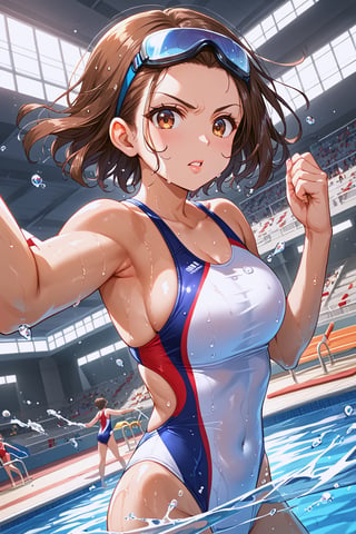 masterpiece, best quality, ultra-detailed, perfect anatomy, High detailed, detailed background, beautiful face, 

a girl, athletic build, extremely pretty face, ultra-detailed face, oval face, determined expression, short hair, wet hair slicked back, brunette hair, ultra-detailed eyes, tareme, brown eyes, simple eyelid, beautiful eyebrow, (eyelashes:0.4), parted_lips, focused gaze,

(((olympic swimming pool))), lane lines visible, starting blocks in background, intense action shot, mid-stroke pose, arms extended forward,  competitive swimsuit, sleek one-piece swimsuit, goggles on face,

bright indoor lighting, water droplets on skin, dynamic angle, three quarter view, perfect anatomy,

5_fingers, beautiful_female_fingers, streamlined hand position,

motion blur, action lines, water splashes,

tanned skin, muscular shoulders and arms, 

score_9, score_8_up, score_7_up,