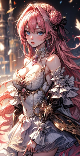 ((best quality)), ((masterpiece)), ((best illustration)), ((anime artwork)), Picture a girl with endearing pink hair and captivating purple eyes, her fair skin a delicate canvas. She wears captivating medieval garments, enhanced by intricate details, and dons elegant earrings that reflect her style. In the heart of a bustling medieval town,dynamic pose, she adds a touch of allure and mystique to the scene, on eye level, scenic, masterpiece,Astolfo,dorothy,dorothy \(nikke\)