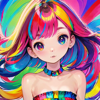 colorful, best quality, masterpiece, highres, original, extremely detailed wallpaper, 1girl, bangs, bare_shoulders, collar, colorful, eyebrows_visible_through_hair, looking_at_viewer, multicolored_background, multicolored_hair, short_hair, solo, strapless